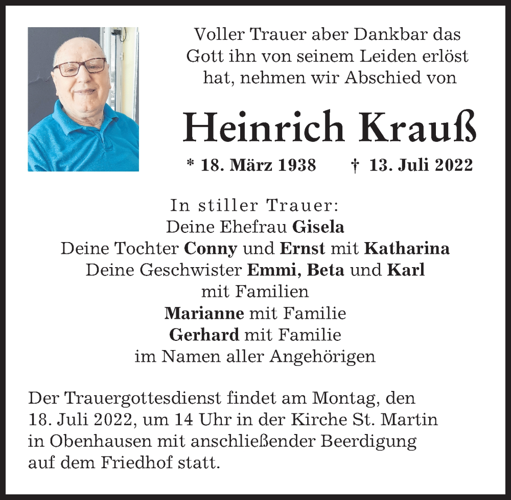 Traueranzeige von Heinrich Krauß von Illertisser Zeitung