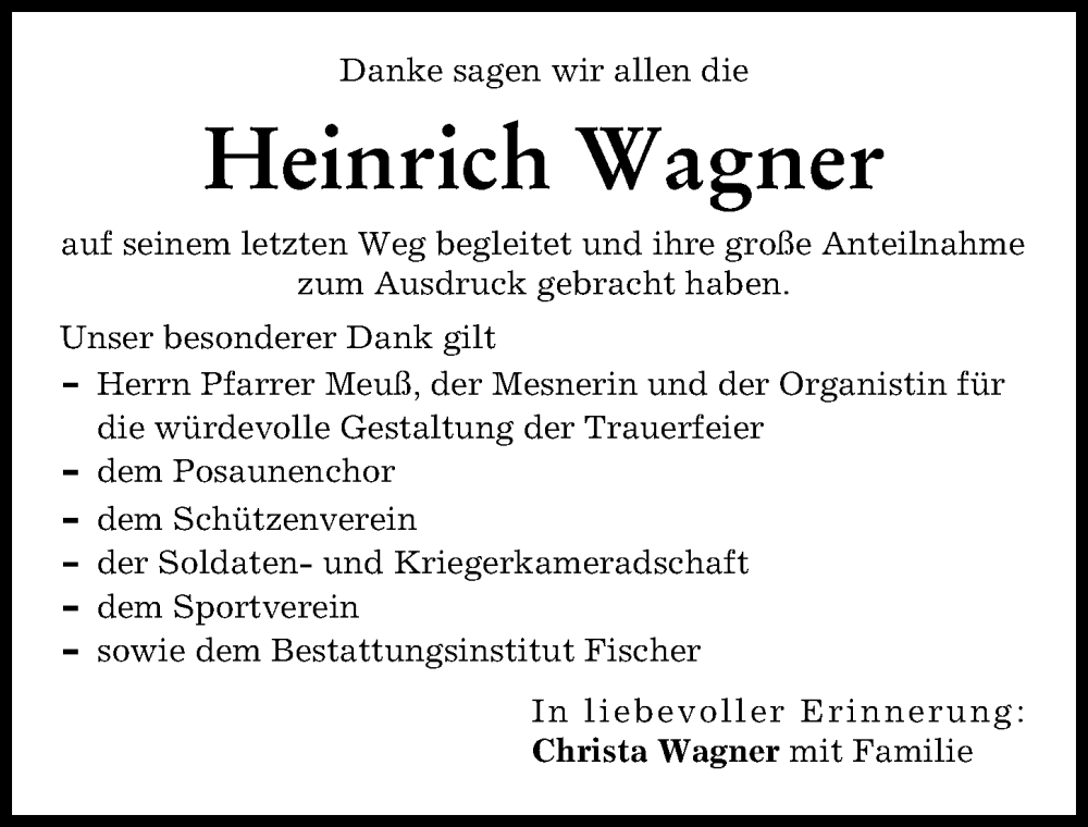 Traueranzeige von Heinrich Wagner von Rieser Nachrichten