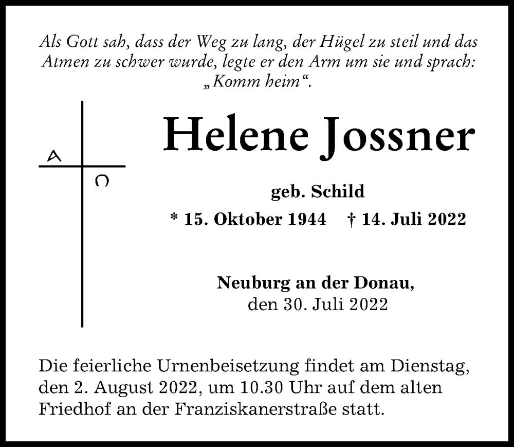 Traueranzeige von Helene Jossner von Neuburger Rundschau