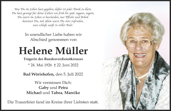 Traueranzeige von Helene Müller von Mindelheimer Zeitung