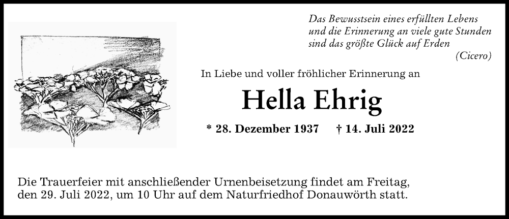 Traueranzeige von Hella Ehrig von Donauwörther Zeitung