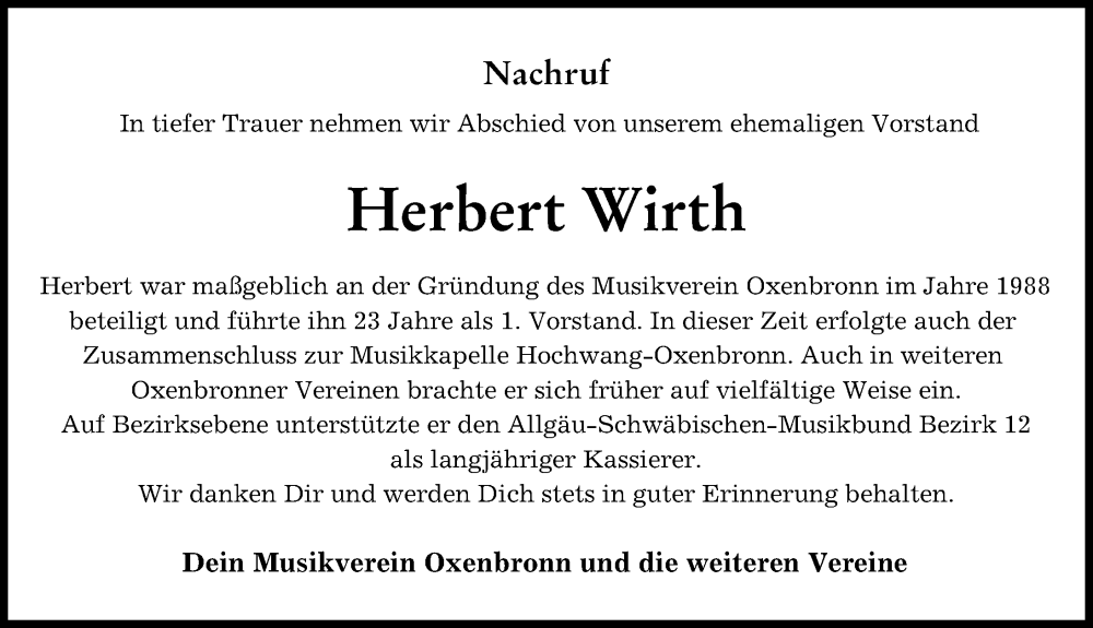 Traueranzeige von Herbert Wirth von Günzburger Zeitung