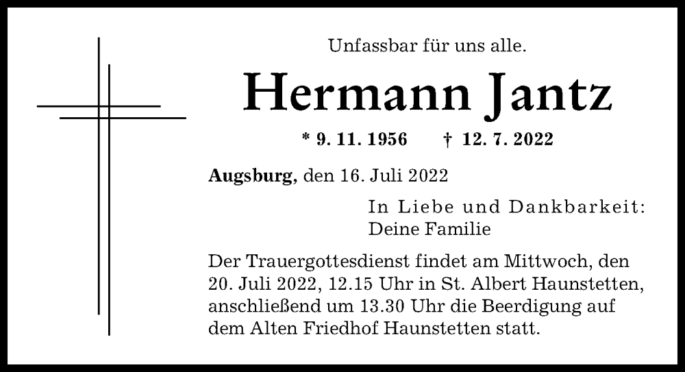 Traueranzeige von Hermann Jantz von Augsburger Allgemeine