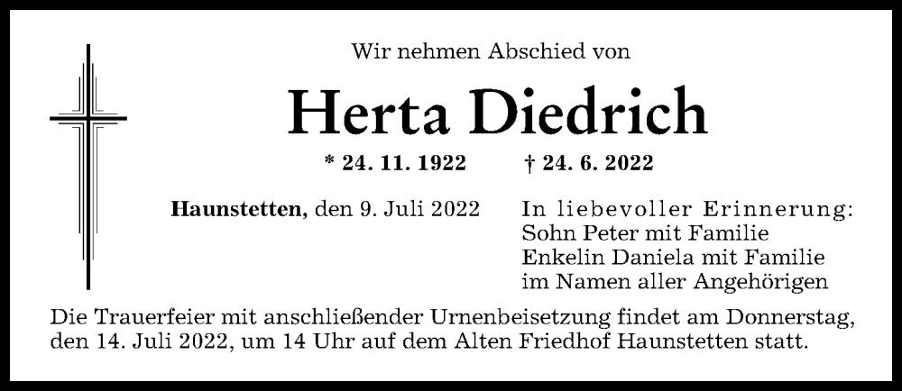 Traueranzeige von Herta Diedrich von Augsburger Allgemeine