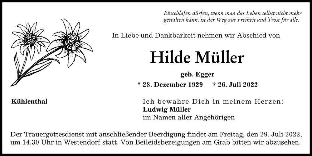 Traueranzeige von Hilde Müller von Augsburg-Land