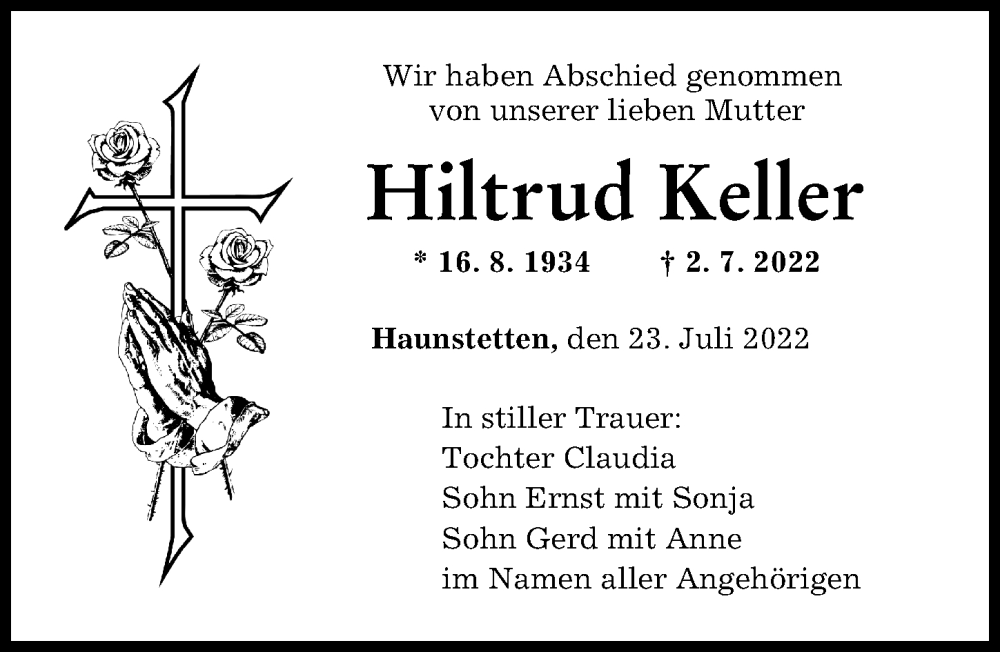 Traueranzeige von Hiltrud Keller von Augsburger Allgemeine