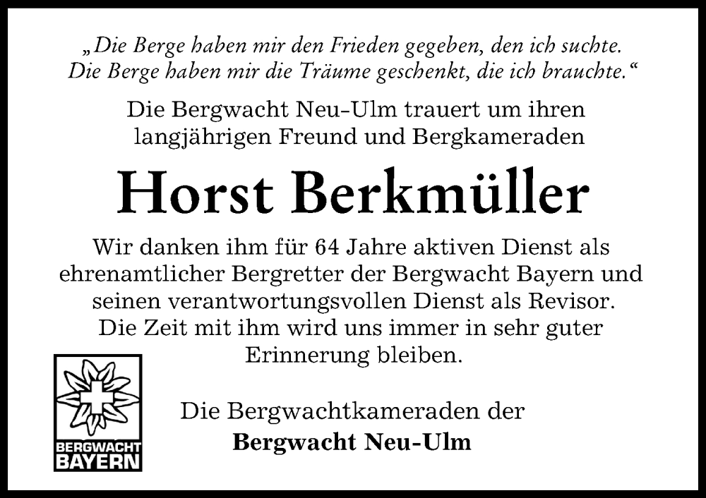  Traueranzeige für Horst Berkmüller vom 11.07.2022 aus Neu-Ulmer Zeitung