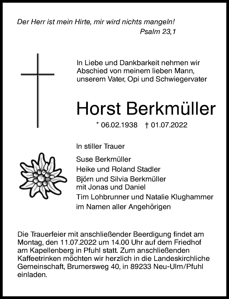  Traueranzeige für Horst Berkmüller vom 06.07.2022 aus Augsburger Allgemeine, Neu-Ulmer Zeitung