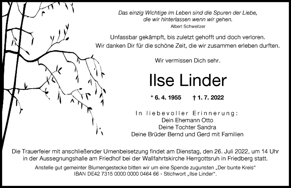  Traueranzeige für Ilse Linder vom 23.07.2022 aus Augsburger Allgemeine