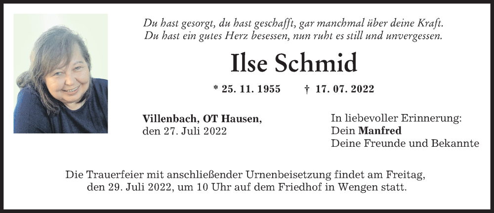 Traueranzeige von Ilse Schmid von Augsburger Allgemeine