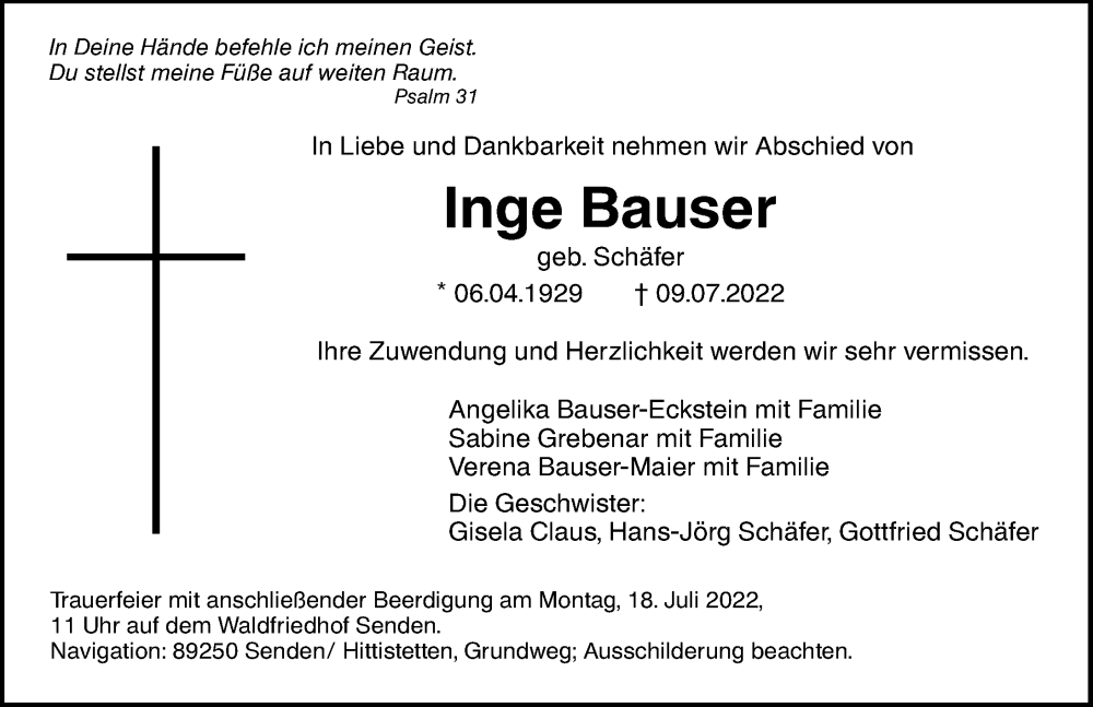  Traueranzeige für Inge Bauser vom 14.07.2022 aus Augsburger Allgemeine, Neu-Ulmer Zeitung