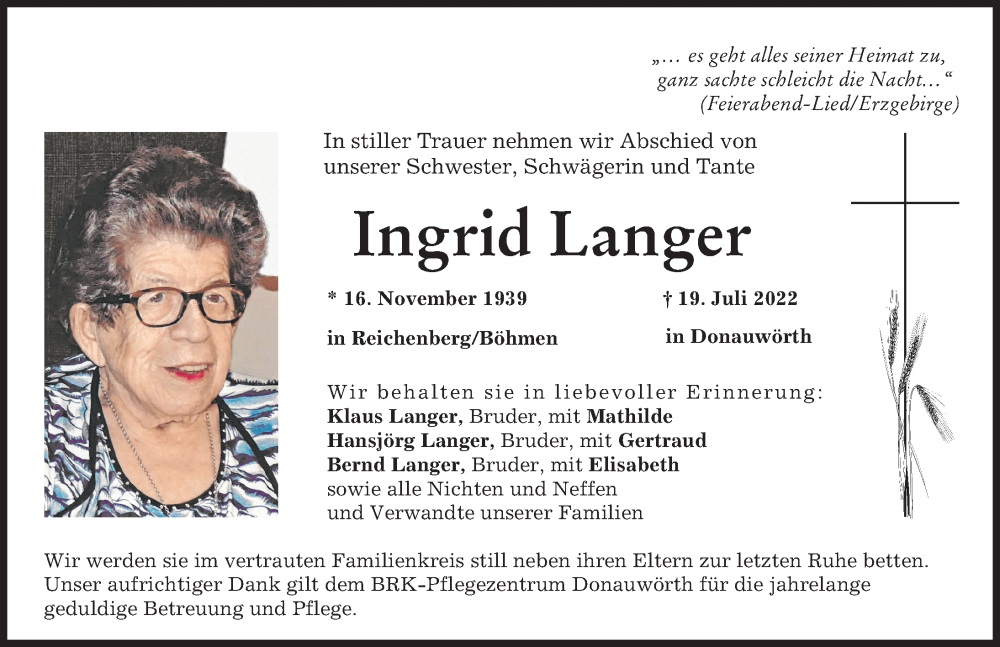  Traueranzeige für Ingrid Langer vom 27.07.2022 aus Wertinger Zeitung, Donauwörther Zeitung