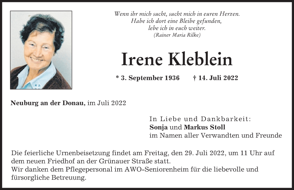 Traueranzeige von Irene Kleblein von Neuburger Rundschau