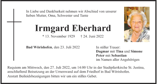 Traueranzeige von Irmgard Eberhard von Mindelheimer Zeitung