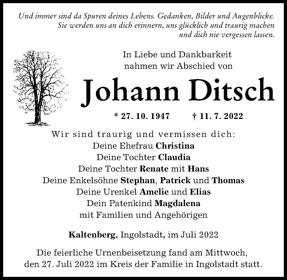 Traueranzeigen Von Johann Ditsch | Augsburger Allgemeine Zeitung