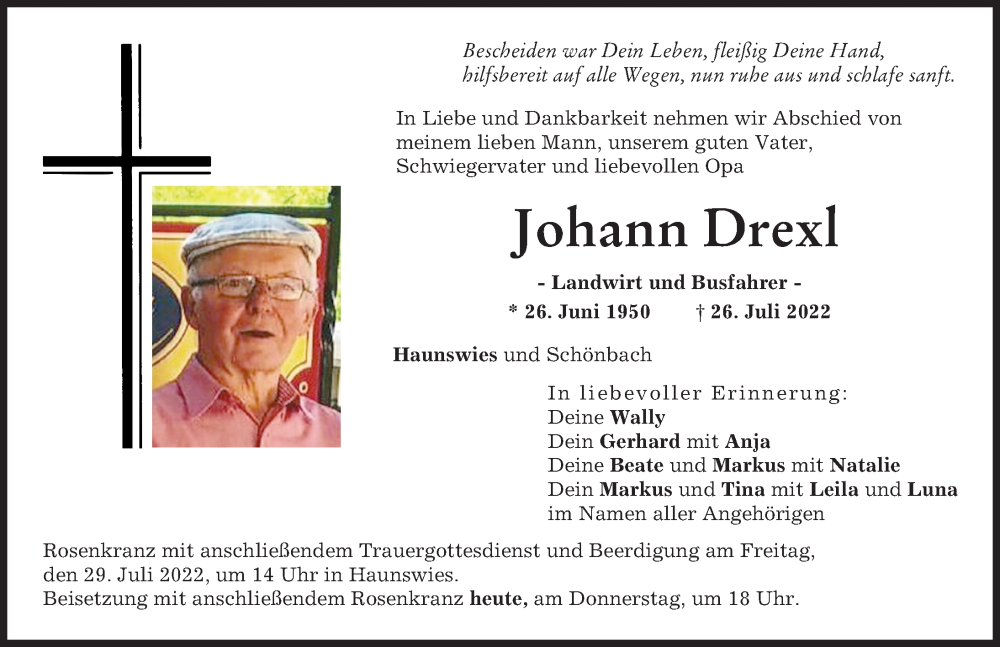 Traueranzeige von Johann Drexl von Aichacher Nachrichten, Augsburger Allgemeine