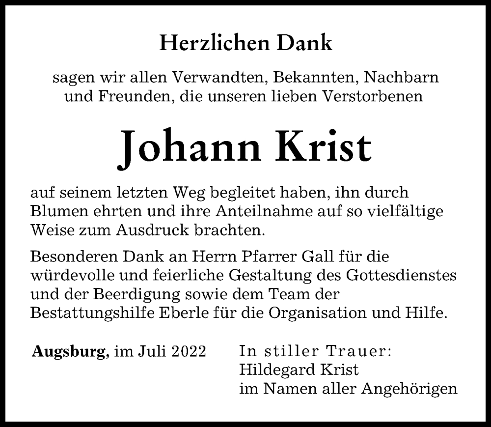 Traueranzeige von Johann Krist von Augsburger Allgemeine