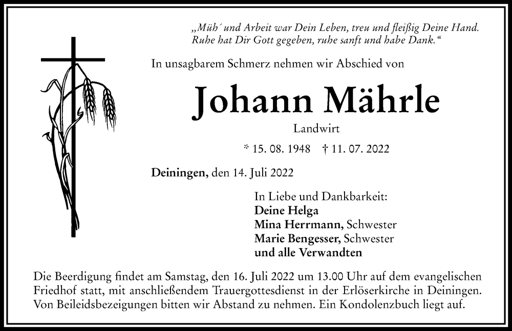  Traueranzeige für Johann Mährle vom 14.07.2022 aus Rieser Nachrichten