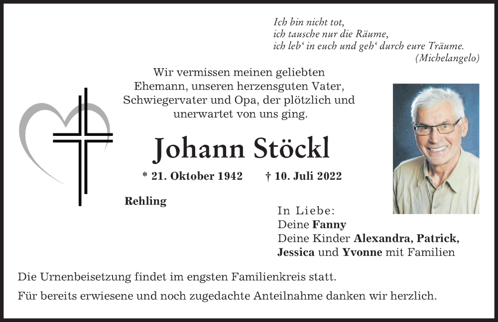 Traueranzeige von Johann Stöckl von Aichacher Nachrichten