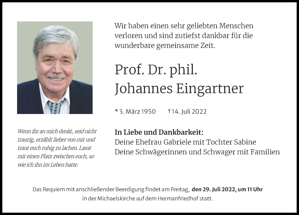  Traueranzeige für Johannes Eingartner vom 23.07.2022 aus Augsburger Allgemeine