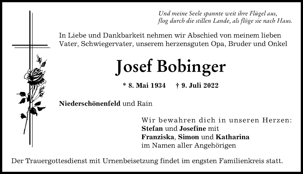  Traueranzeige für Josef Bobinger vom 13.07.2022 aus Donauwörther Zeitung