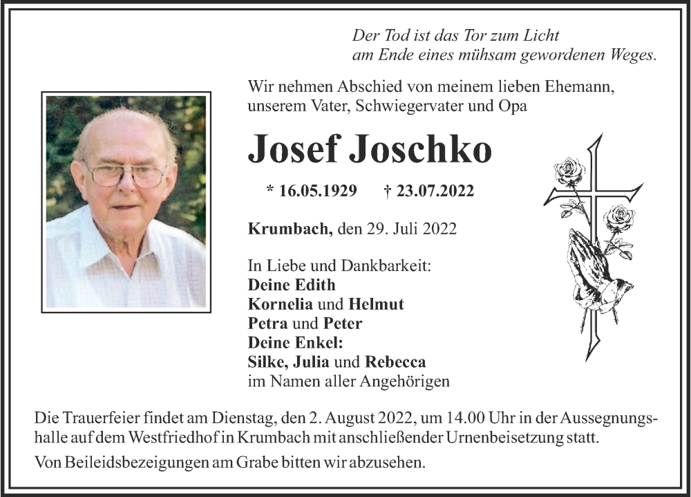 Traueranzeige von Josef Joschko von Mittelschwäbische Nachrichten