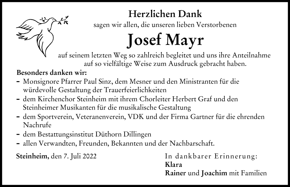 Traueranzeige von Josef Mayr von Donau Zeitung