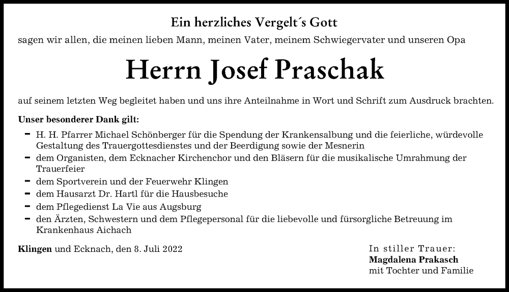  Traueranzeige für Josef Praschak vom 08.07.2022 aus Aichacher Nachrichten