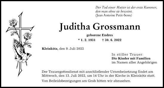 Traueranzeige von Juditha Grossmann von Günzburger Zeitung