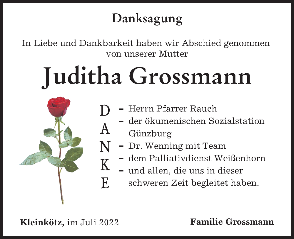  Traueranzeige für Juditha Grossmann vom 23.07.2022 aus Günzburger Zeitung