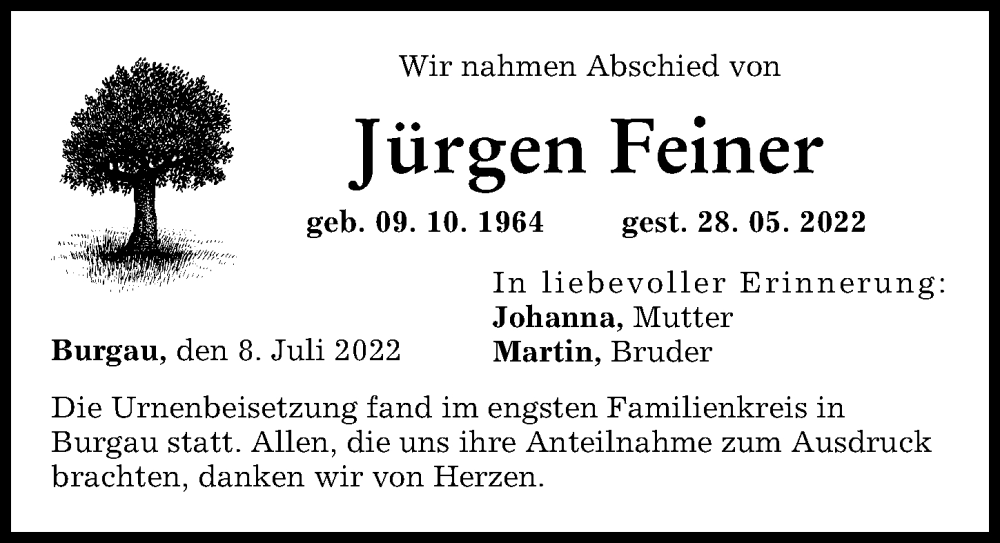  Traueranzeige für Jürgen Feiner vom 12.07.2022 aus Günzburger Zeitung