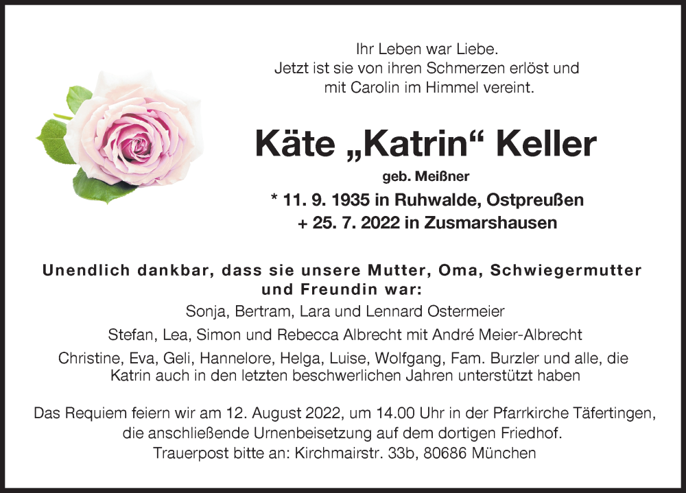  Traueranzeige für Käte Keller vom 30.07.2022 aus Augsburger Allgemeine