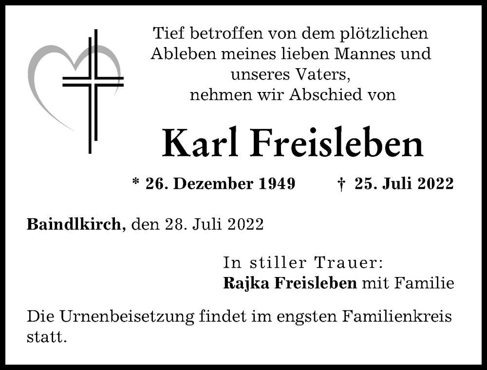 Traueranzeige von Karl Freisleben von Friedberger Allgemeine