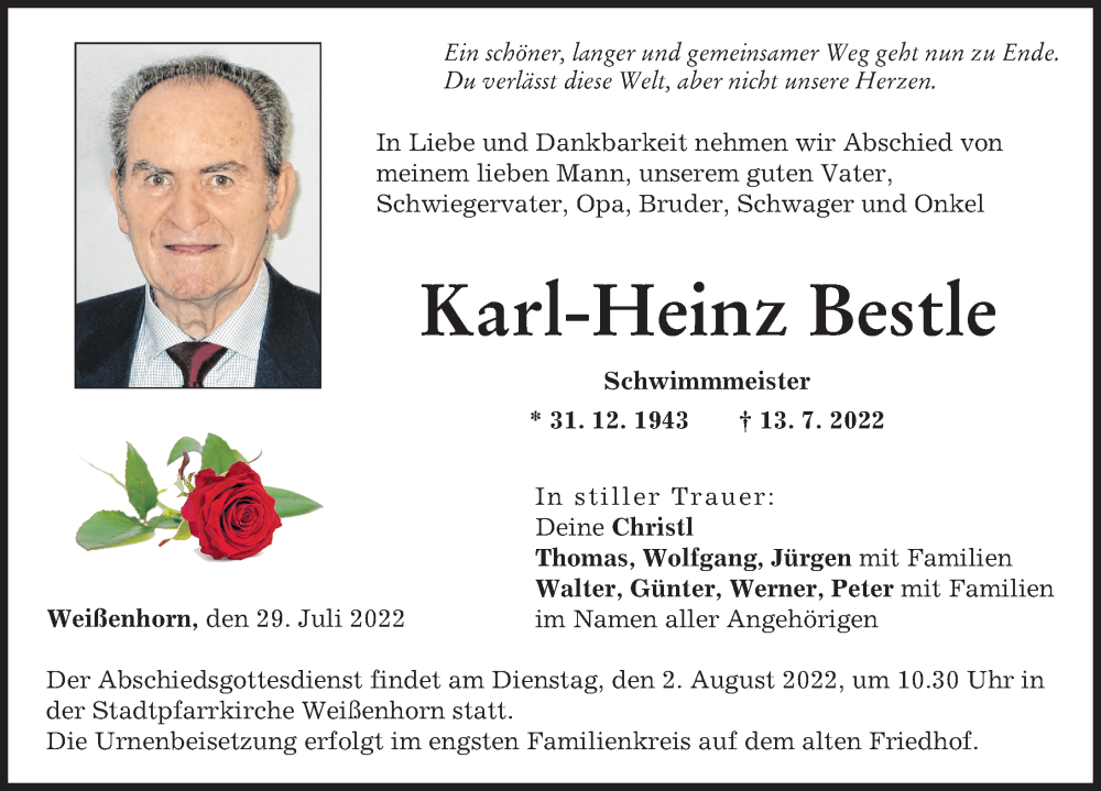 Traueranzeige von Karl-Heinz Bestle von Neu-Ulmer Zeitung