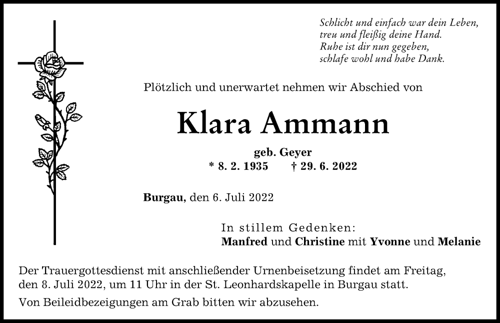  Traueranzeige für Klara Ammann vom 06.07.2022 aus Günzburger Zeitung