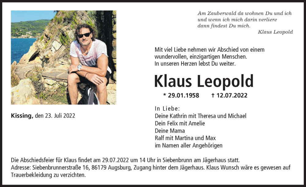  Traueranzeige für Klaus Leopold vom 23.07.2022 aus Augsburger Allgemeine