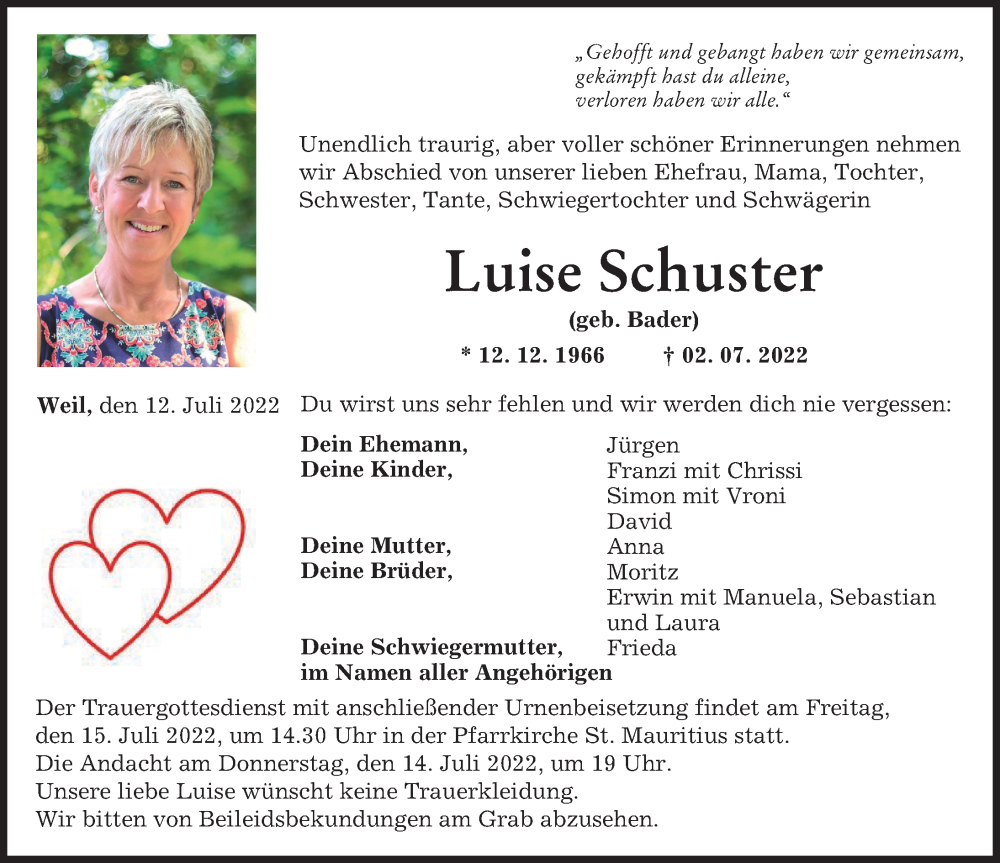  Traueranzeige für Luise Schuster vom 12.07.2022 aus Landsberger Tagblatt