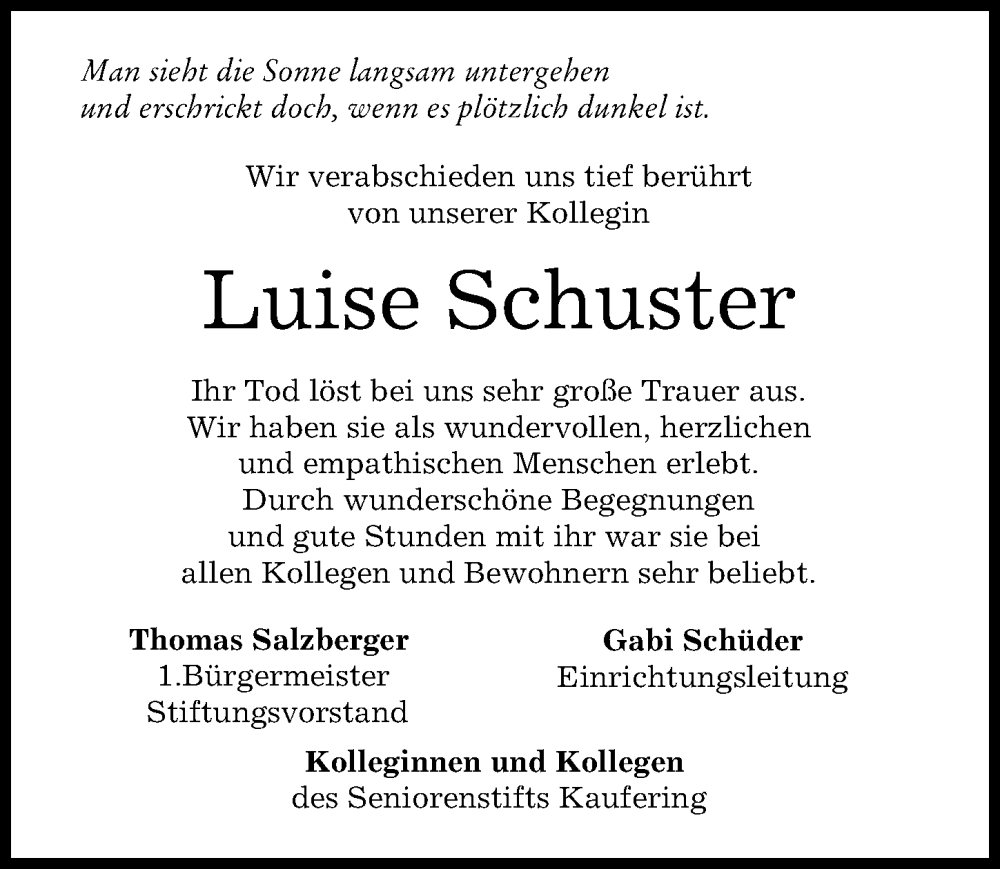  Traueranzeige für Luise Schuster vom 14.07.2022 aus Landsberger Tagblatt