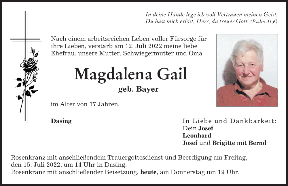 Traueranzeige von Magdalena Gail von Aichacher Nachrichten