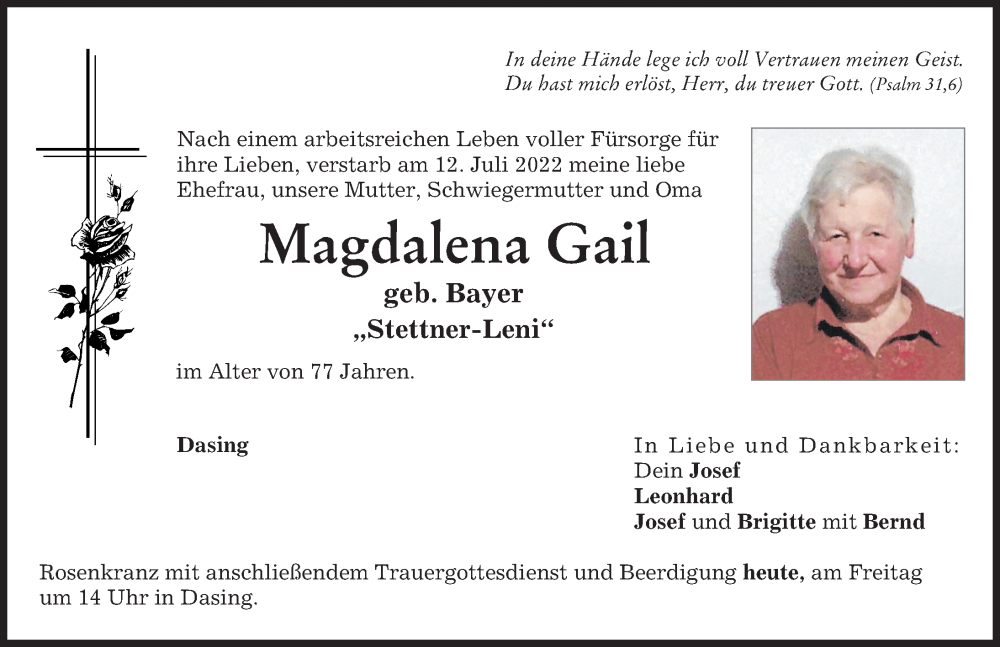 Traueranzeige von Magdalena Gail von Friedberger Allgemeine