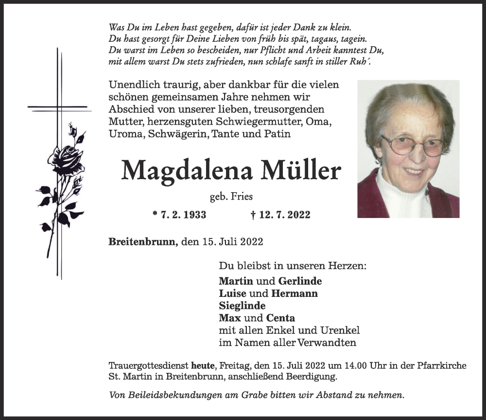 Traueranzeigen von Magdalena Müller | Augsburger Allgemeine Zeitung