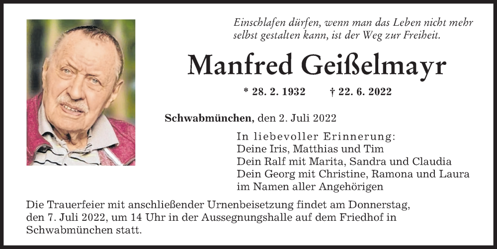 Traueranzeige von Manfred Geißelmayr von Augsburger Allgemeine