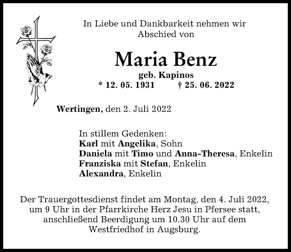 Traueranzeige von Maria Benz von Augsburger Allgemeine, Augsburg-Land