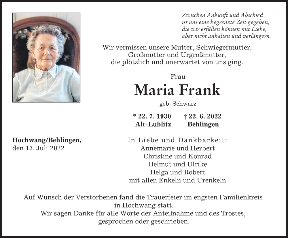  Traueranzeige für Maria Frank vom 13.07.2022 aus Günzburger Zeitung