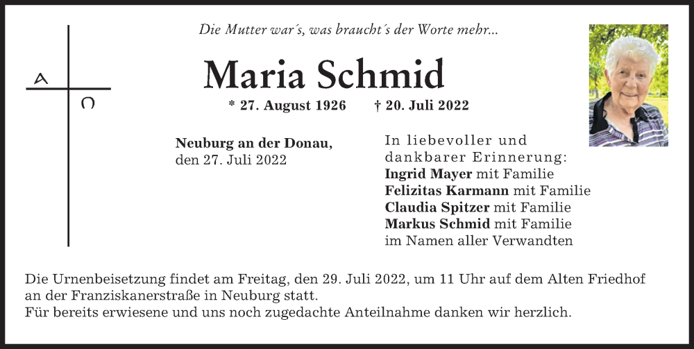  Traueranzeige für Maria Schmid vom 27.07.2022 aus Neuburger Rundschau
