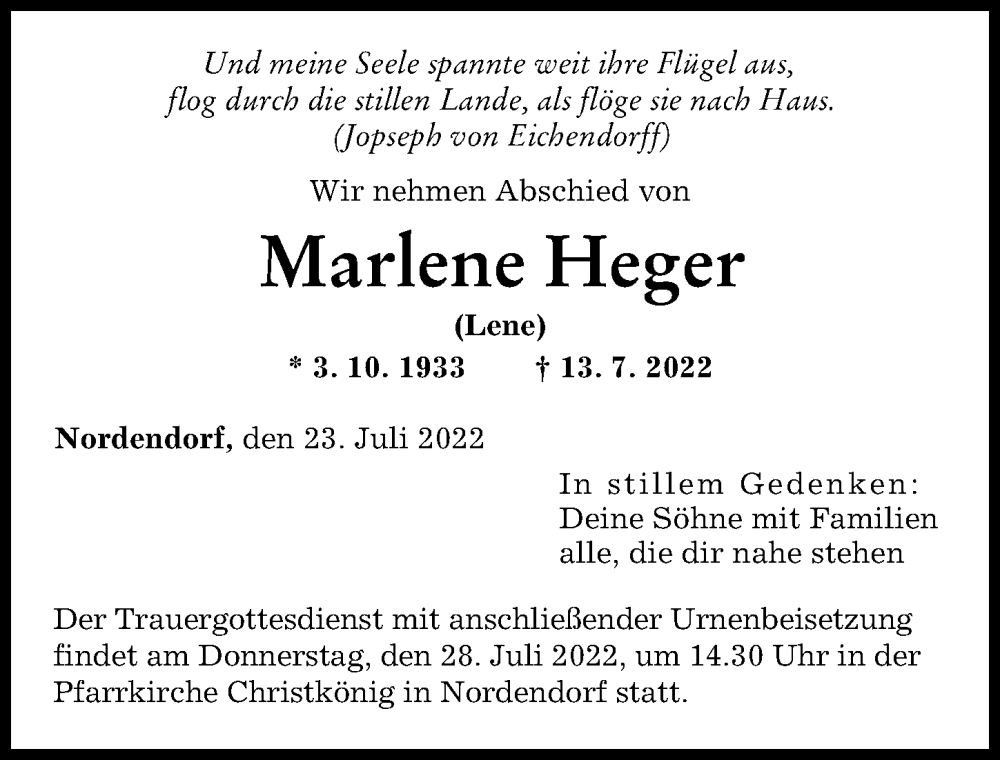 Traueranzeige von Marlene Heger von Augsburg-Land