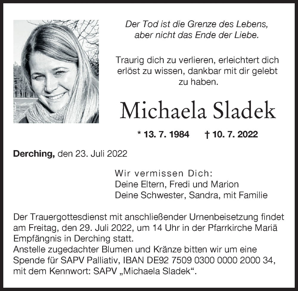  Traueranzeige für Michaela Sladek vom 23.07.2022 aus Friedberger Allgemeine, Augsburger Allgemeine