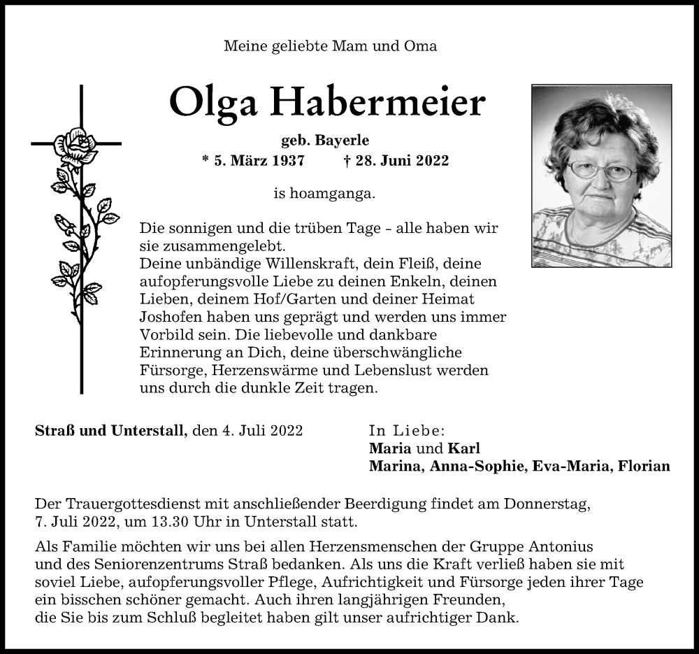 Traueranzeige von Olga Habermeier von Neuburger Rundschau