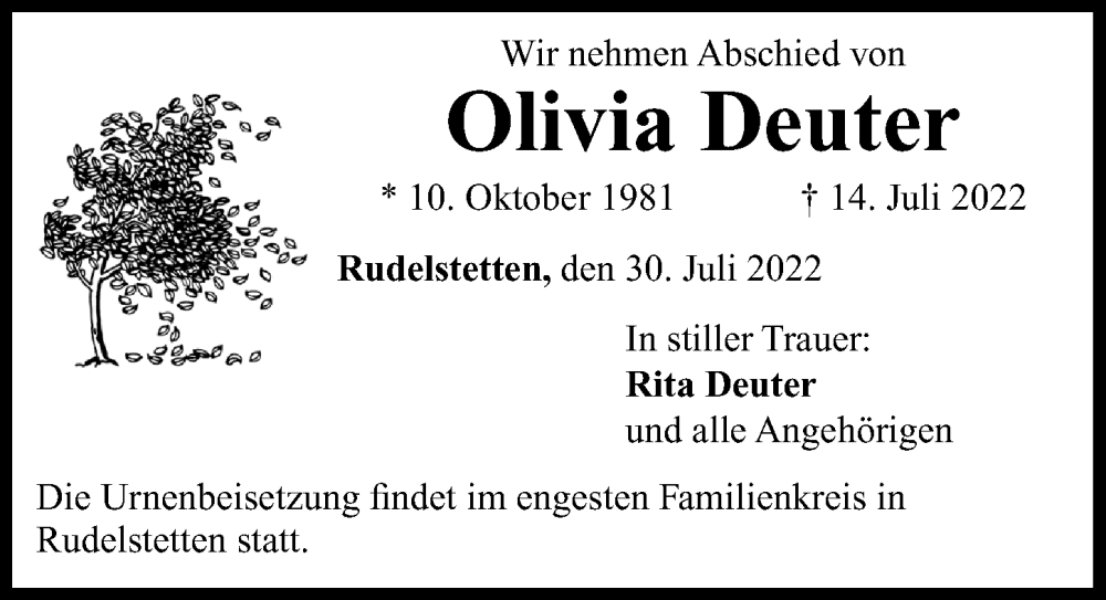 Traueranzeige von Olivia Deuter von Donauwörther Zeitung, Rieser Nachrichten