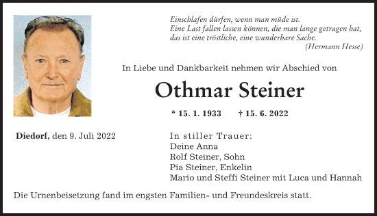 Traueranzeigen von Othmar Steiner | Augsburger Allgemeine Zeitung